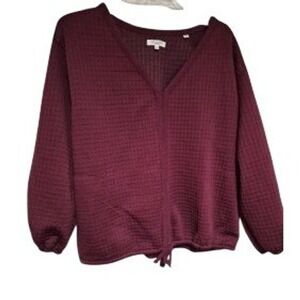 Max Studio London Womens 1X Burgundy Waffle Knit V-Neck Drawstring Top